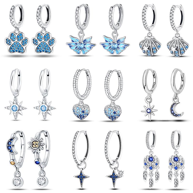 Fashion 925 Silver Color Earrings Blue Zircon Stars Moon Irregularity Earrings For Woman Fine Birthday Jewelry Gifts