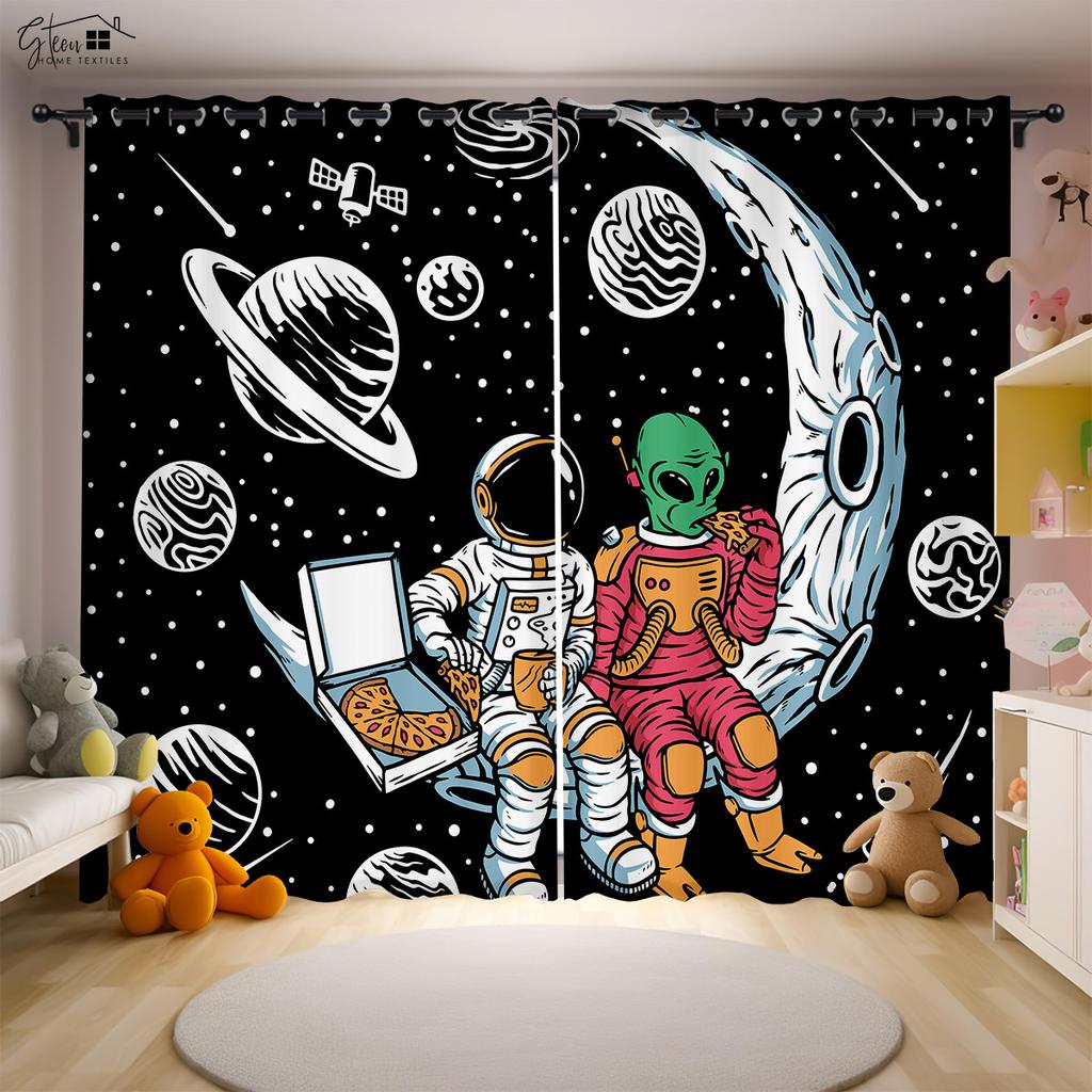 Мультфильм Вселенная 3D Печать Шторы Космонавт Астронавт Космический корабль Ракета Планета Инопланетянин Спальня Детская комната Шторы 2 ШТ
