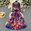 Summer Women Vintage Print Turn-down Collar Chiffon Holiday Beach Long Maxi Shirt Dresses With Belt