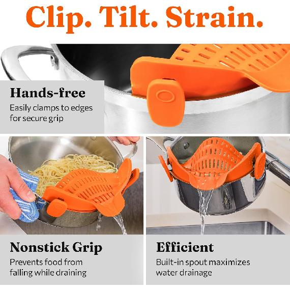 LMETJMA 6 Color Universal Clip on Strainer Adjustable Silicone Strain Pot Strainer Colander For Pasta Fruit Vegetable JT-0076