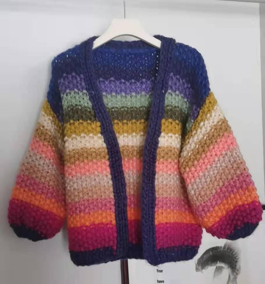 Women's Handmade Chunky Knit Rainbow Stripe Cardigan