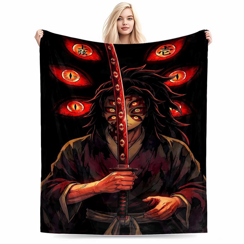 Anime Style Warrior Holding Sword with Red Eye Design on Black blanket blanket, suitable for use in the bedroom, living room, on the sofa