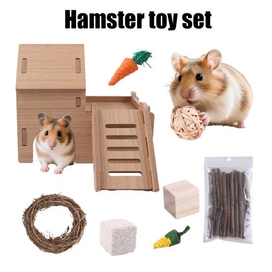 Деревянный домик-укрытие для хомяка, аксессуары для клетки, набор из 8 натуральных жевательных игрушек с плетеным морковным шариком и палочками для кролика, зайца, шиншиллы, морских свинок, песчанок
