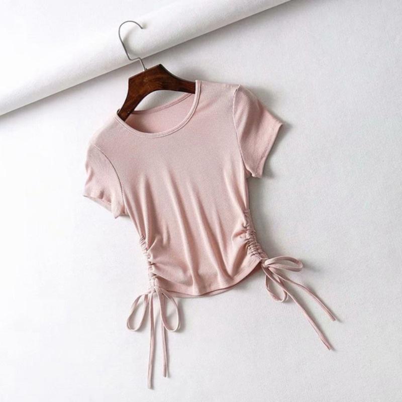 Сексуальные топы на бретелях с завязками по бокам и рюшами, женские однотонные тонкие укороченные топы, женские уличные трикотажные футболки в рубчик