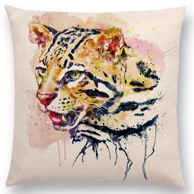 Watercolor Animals Cushion Cover Portrait Head Bighorn Lion Leopard Tiger Bear Eagle Horse Dogs Home Sofa Throw Pillow Case