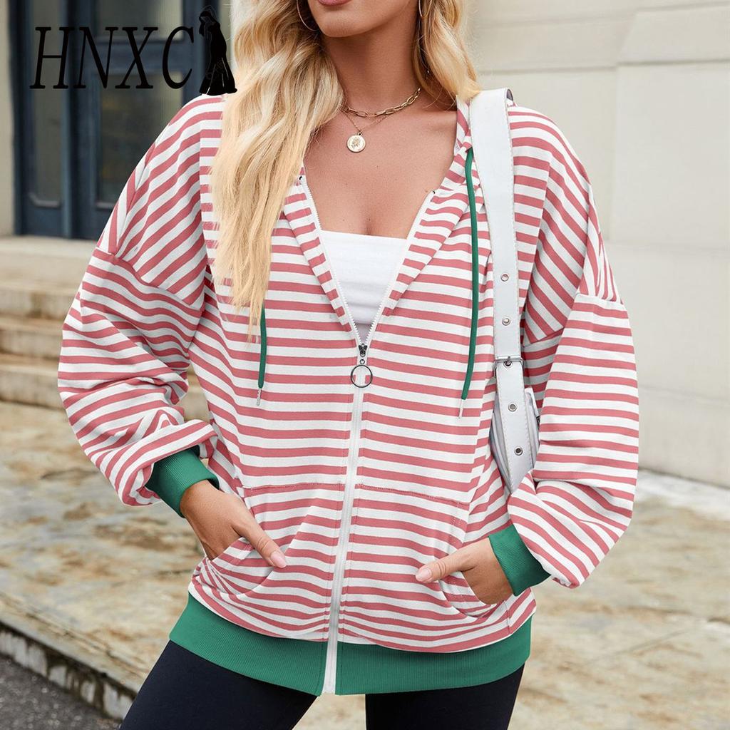 HNXC Women's Fashion Casual Stripe Print Long Sleeve Hooded Hoodies & Sweatshirts
