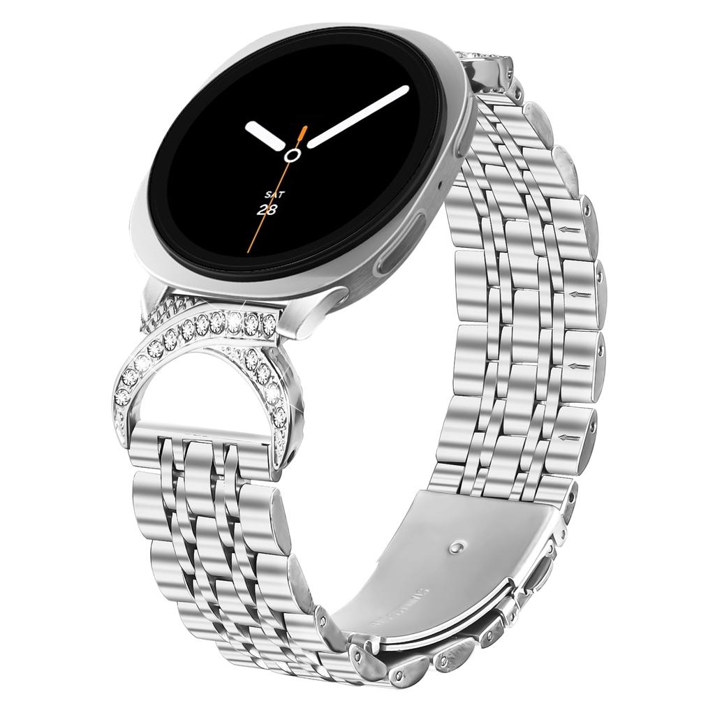 Watch Band for Samsung Galaxy Watch8 Classic 46mm/Watch8 44mm/40mm Seven Bead Stainless Steel Strap with Rhinestone Ox Horn Style Connector