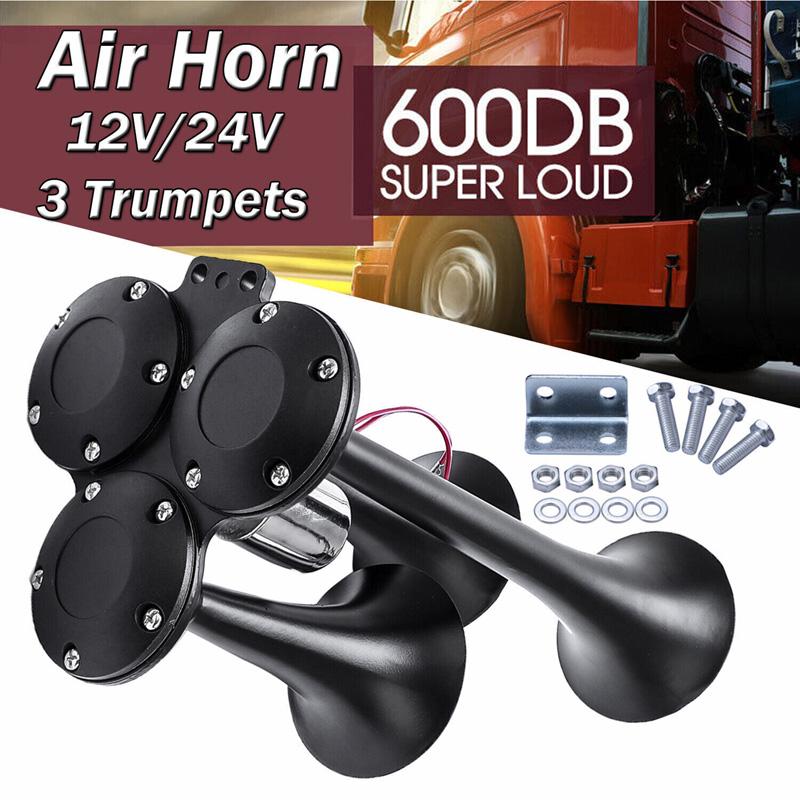 600DB Train Horn Super Loud 3 Trumpet Air Horn Kit For Semi Truck Boat Van Car