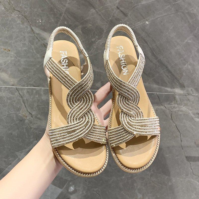 Модные женские босоножки на танкетке со стразами, летняя мода в стиле бохо с открытым носком, на толстой платформе, с пряжкой на ремешке, нескользящая обувь