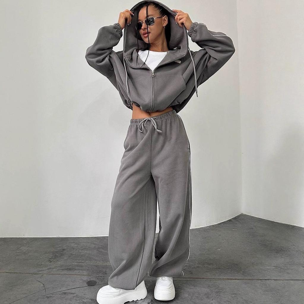 2026 Fall Winter Casual Lounge Set for Women Hooded Drawstring Cardigan with Elastic Waist Pants 2 Piece Knit Tracksuit