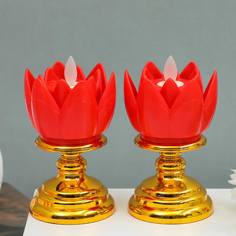 2-Pack Temple Flameless LED Lotus Candle with Base Safe and Smokeless Electronic Candle for Party Buddha-karya Festival
