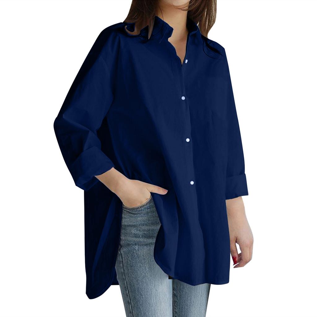 Women's  Casual Fashion Solid Color Single-breasted Lapel  Stitching Long-sleeved Loose Shirt
