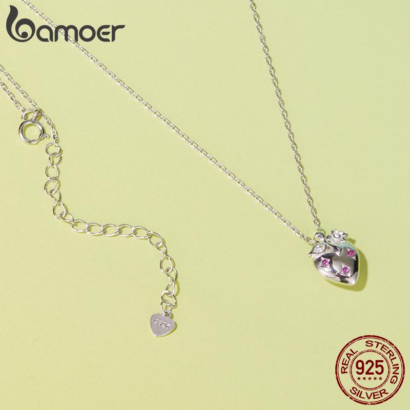 BAMOER 925 Sterling Silver Strawberry Necklace Red Heart Zircon Fruit Pendant O-Chain Link Original for Women Romance Gift