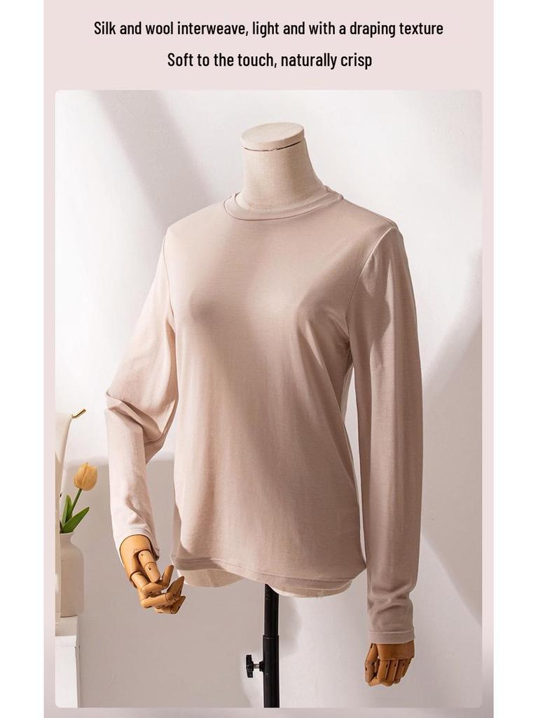Осень 2025 Приталенная футболка с круглым вырезом из шелковой шерсти - Теплая, приятная к коже, однотонная