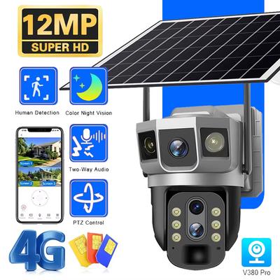 LS VISION 4G солнечная PTZ IP камера 3 объектива 12MP HD Умный дом Безопасность Защита V380 Удаленное HD Беспроводное обнаружение человека Видеонаблюдение
