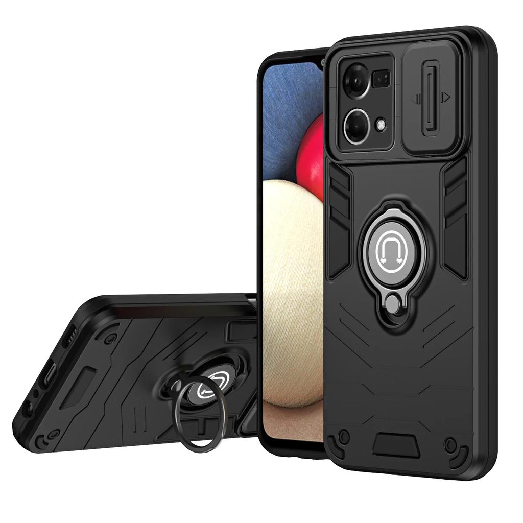 Гибридный противоударный чехол-броня для OPPO F21 Pro Reno8 Reno7 4G Сдвижное окно Металлическое кольцо-держатель Рамка из ТПУ Жесткая пластиковая крышка для телефона