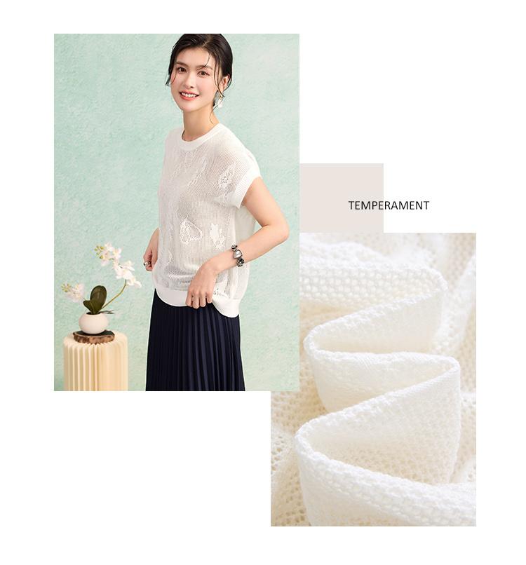 [Jacquard] Round neck solid color raglan sleeve T-shirt for spring and summer new style, hollowed out simple silk containing women's knitted sweater
