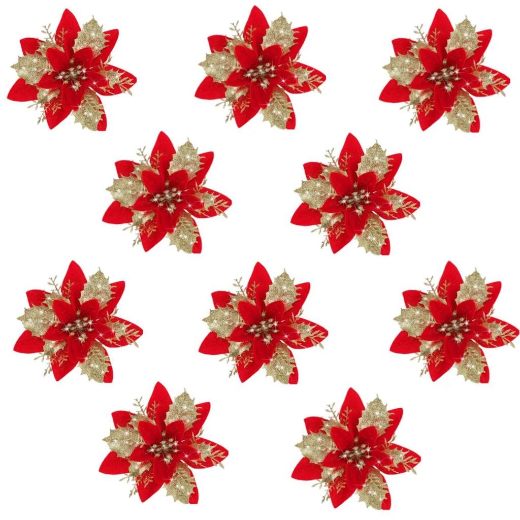 10 шт. Рождественские цветы Красные Золотые Блестящие Головки цветов Для Ноэль Домашние Украшения для Елки Навидад Вечеринка Декор для Сервировки Стола Принадлежности