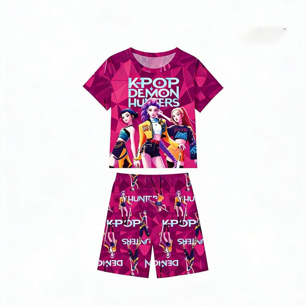 Fashion Kids Pajamas Set Kpop Demon Hunters Printed Children's O Neck Short Sleeve Tops Shorts 2pcs Summer Girls Casual T Shirt Sets