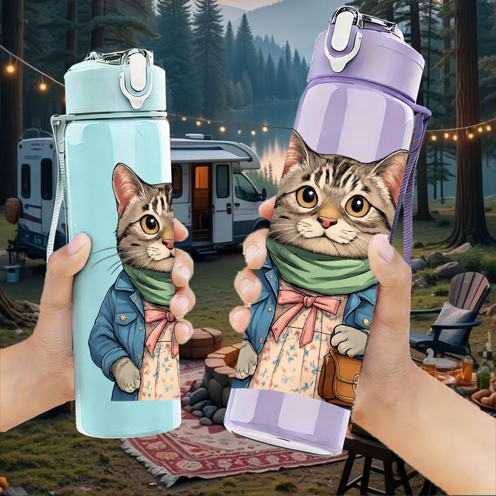 1PC Scarf Gentle Cat Cartoon 750ml Color Plastic Sports Water Bottle Leakproof Flip Straw Lid Suitable for Sports Office Home Use