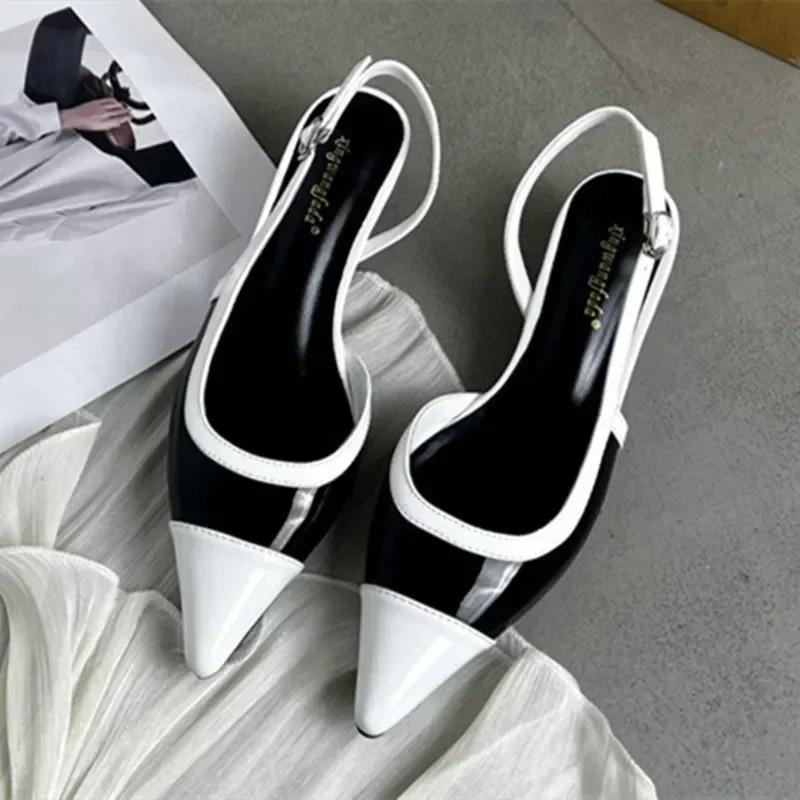 Designer Black White Color Low Heeled Sandals Women Sexy Pointed Toe Slingbacks Chunky High Heels Women Elegant Heels