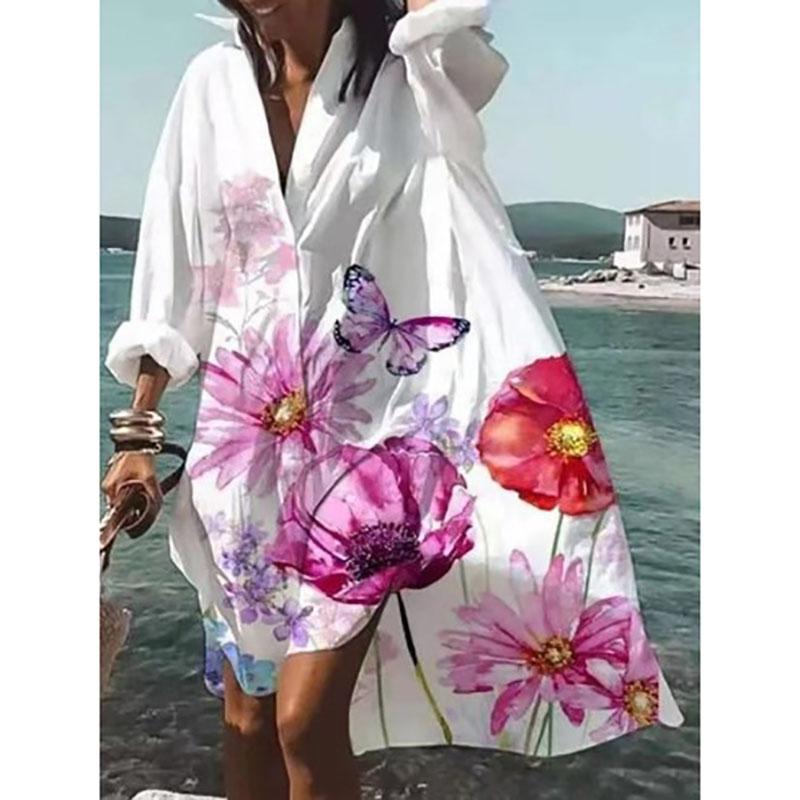 Осеннее платье мода досуг грация принт лацкан длинный рукав свободные вечерние пляжные женские рубашки платья MsChuh