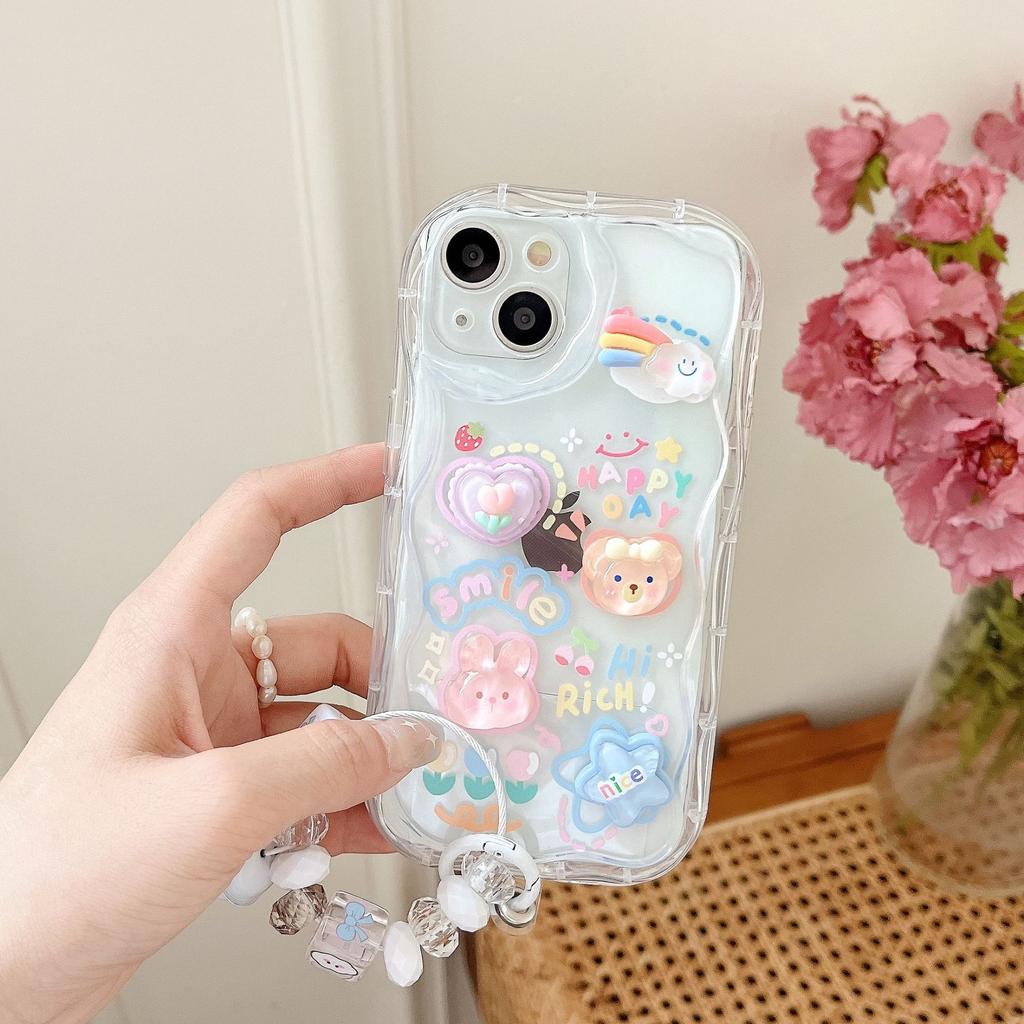 Cute Three-dimensional Bear and Rabbit Suitable for Apple 16 Transparent Mobile Phone Case IP14PRO Soft Shell Bell Pendant Bracelet