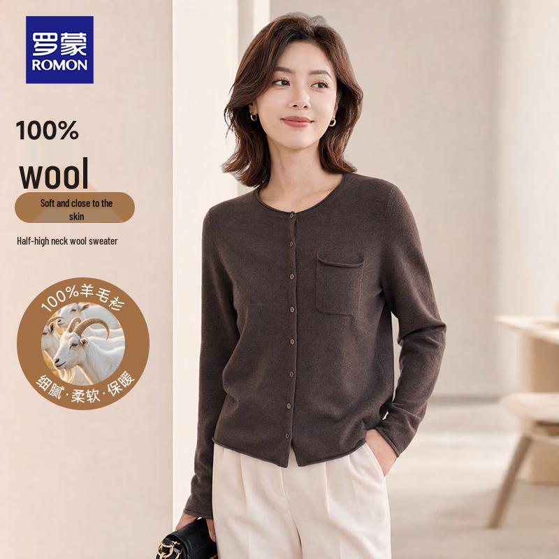 ROMON Women's Solid Color Pure Wool Cardigan