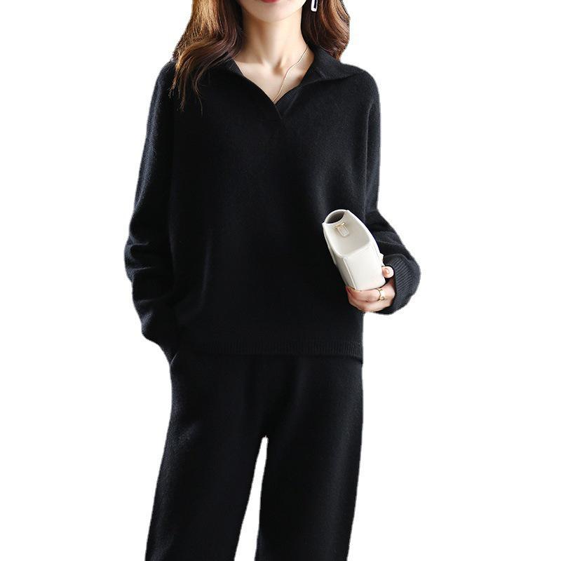 Корейский свободный повседневный вязаный комплект широких брюк и однотонного поло-свитера для женщин - Осенне-зимняя коллекция из двух предметов