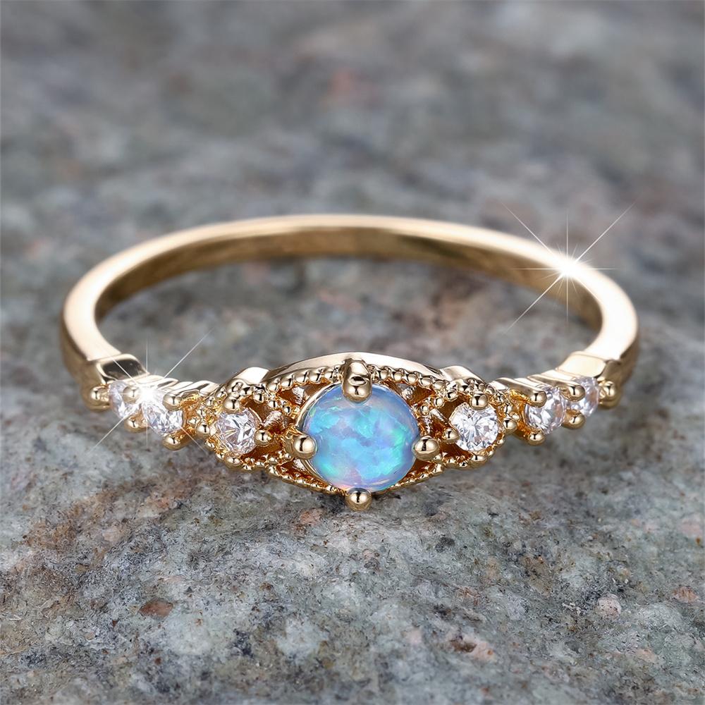 Синий Опал Маленький Круглый Камень Тонкие Обручальные Кольца Для Женщин Винтажный Золотой Цвет Белый Цирконий Обручальное Кольцо Камень Рождения Ювелирное Изделие Подарок