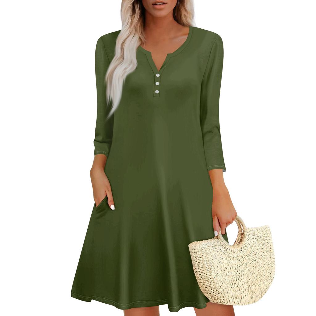Women's Summer Dress Loose V Neck Three-quarter Sleeve Sundress With Pockets Dress
