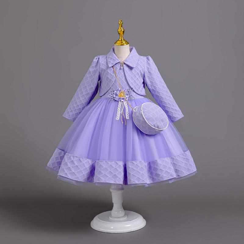 Новое платье принцессы из 3 предметов для девочек, элегантное платье с длинными рукавами и вышивкой для девочек, детское платье для дня рождения + комплект сумок