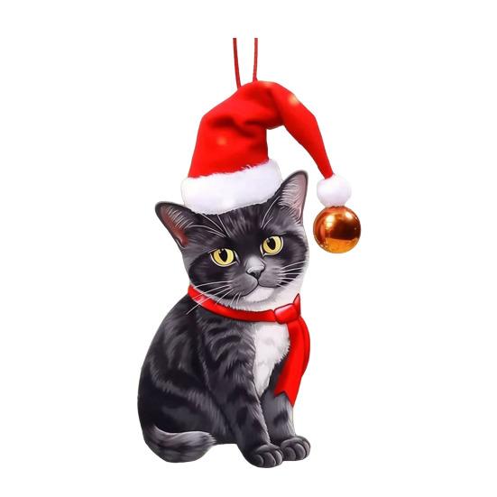 Christmas Cat Ornament Cartoon Cat with Santa Hat Pendant 2D Flat Acrylic Christmas Tree Hanging Decoration for Holiday Home Decor