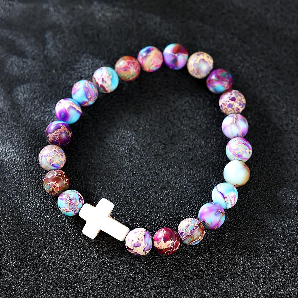 Религиозный крестовый браслет для женщин и мужчин, натуральный камень, эластичный браслет из бисера, молитвенный браслет с карточкой