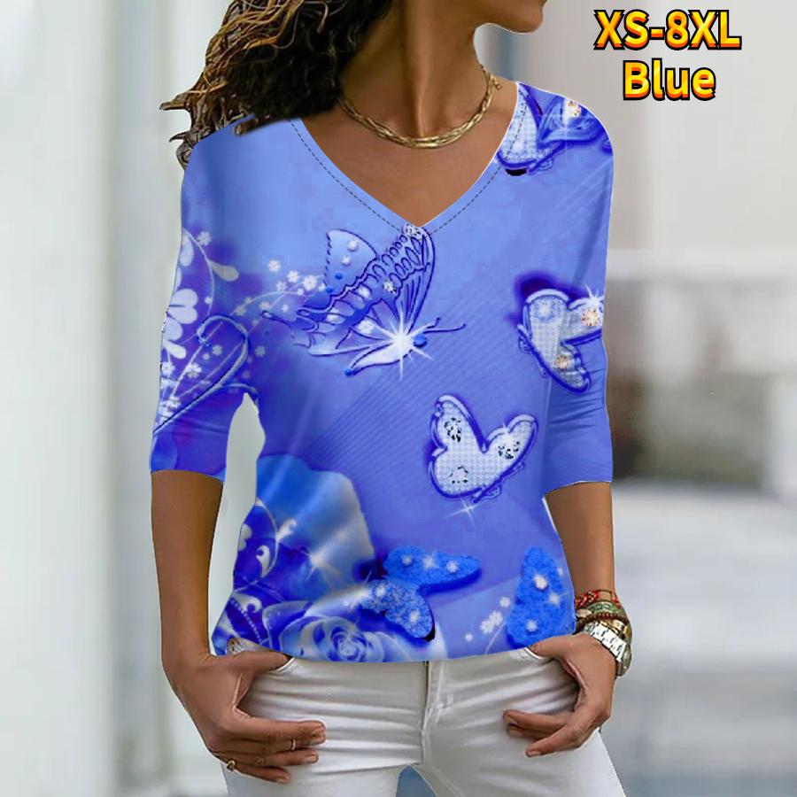 Women Autumn Floral Butterfly Flying Printed Long Sleeve T-Shirts Loose V-Neck Plus Size Tee Shirt Tops Comfy Blouse