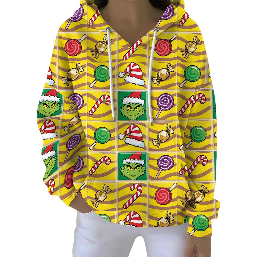 Ladies' Loose And Comfortable Drawstring V-neck Long Sleeved Christmas Printed Sweatshirt