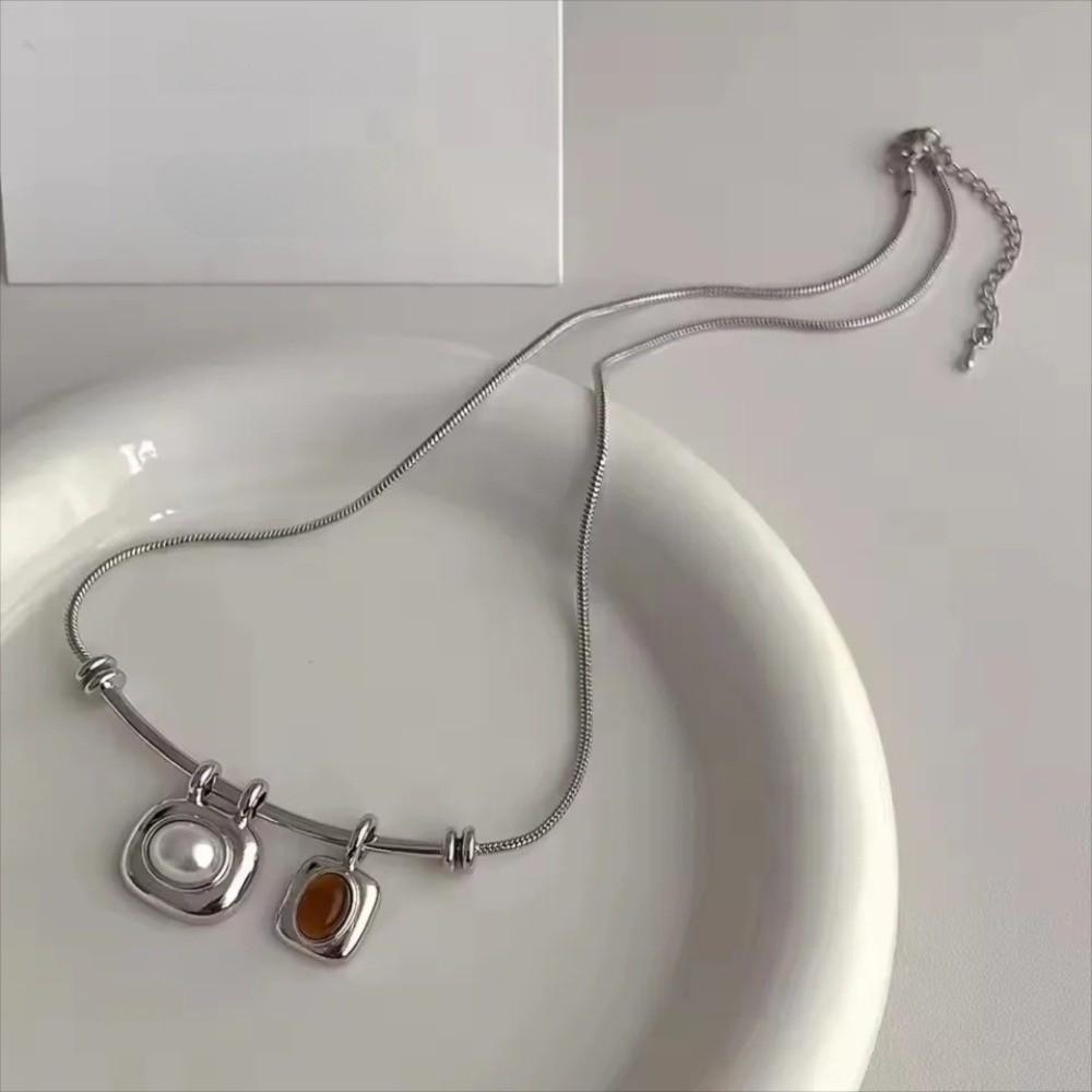 Imitation Pearl Tigereye Stone Pendant Necklaces Geometric Collarbone Necklace  Women