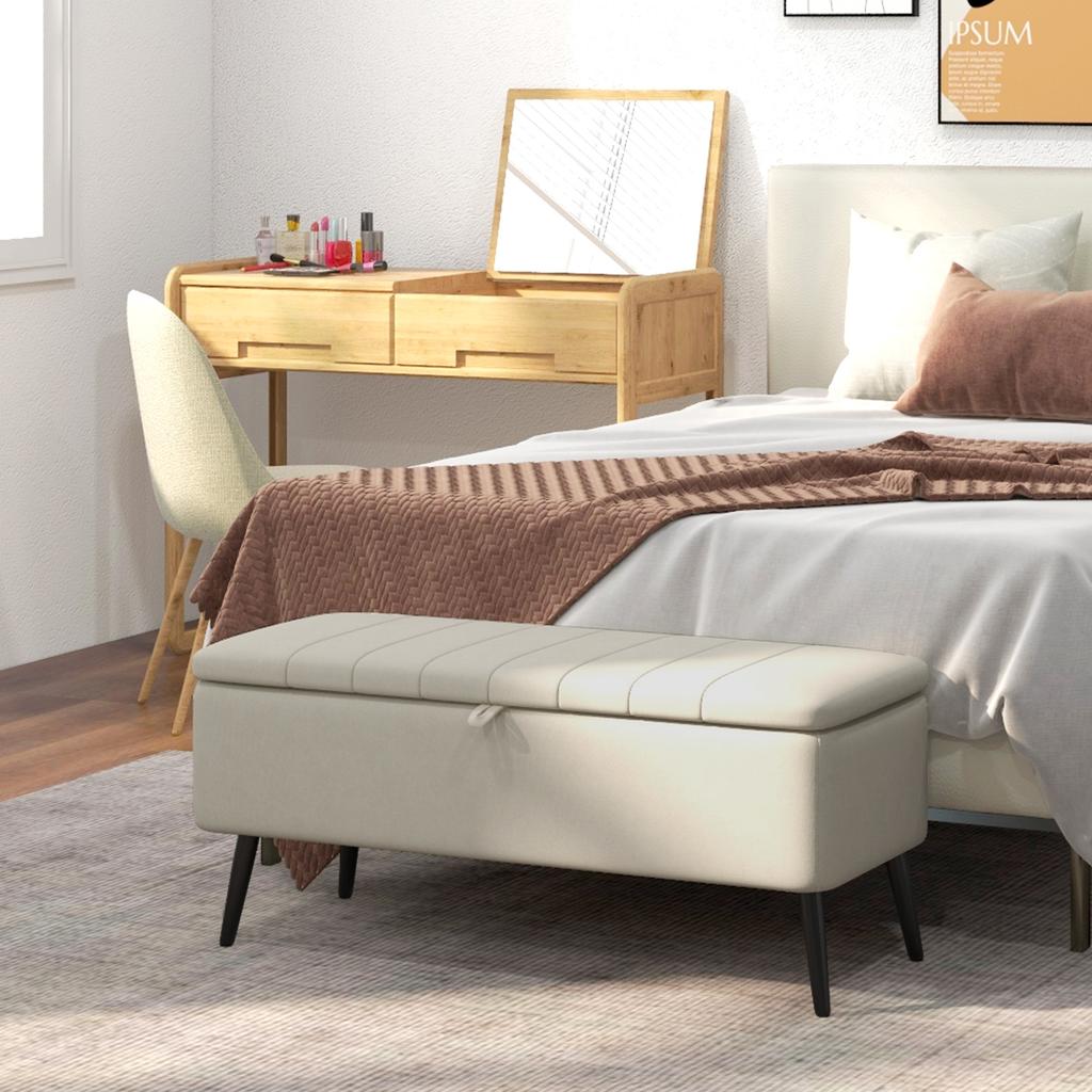 Linen-Look 92 x 31cm Storage Ottoman - Cream White