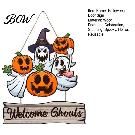 Spooky Door Decoration Happy Halloween Sign for Front Door, Wooden Ghost Pumpkin Hanging Reusable Decor Plaque, Welcome Wreath Tree, Wall, Party
