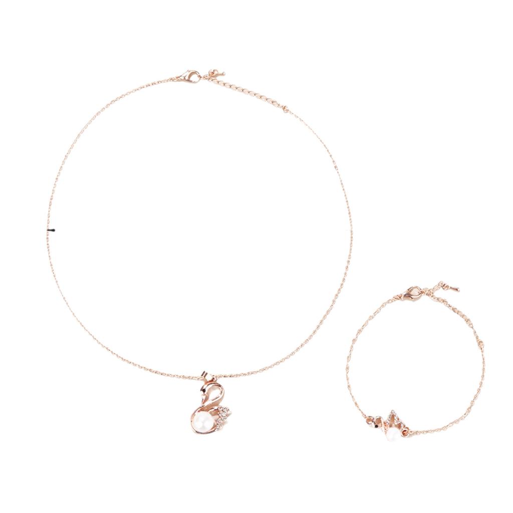 Rose gold diamond-encrusted swan imitation pearl jewelry four-piece set: necklace, earrings, ring, light luxury