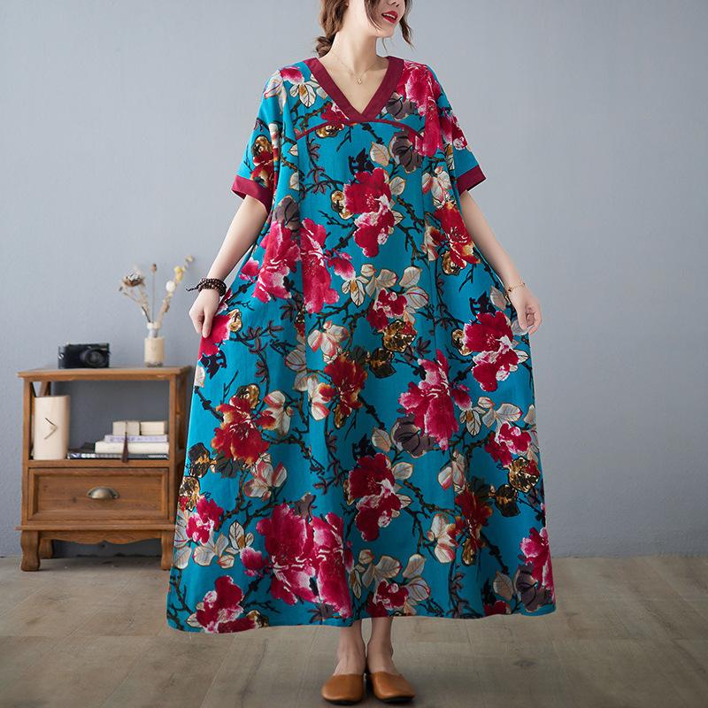 Летнее свободное платье большого размера в китайском стиле с V-образным вырезом, контрастное хлопковое льняное платье с короткими рукавами, утягивающее, средней длины, для женщин, платья