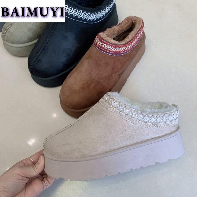 Модные зимние сапоги на платформе с плоскими каблуками Женские меховые тапочки Замшевые хлопковые туфли Женская зимняя обувь 2025 года Трендовые теплые плюшевые ботильоны Повседневные меховые шлепанцы