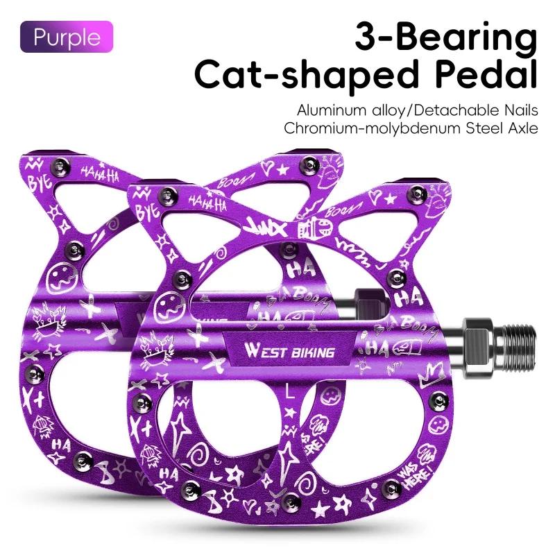 WEST BIKING Bicycle Pedals 3 Bearing Cat Shaped MTB Road Bike Pedals Flat Platform Seal Bearings Cycling Pedals Bike Accessories