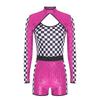 S-XXL Женский костюм для ролевой игры гонщика, танцевальный комбинезон, вырез спереди и сзади, длинный рукав, блестящие пайетки, шахматная клетка, пэчворк