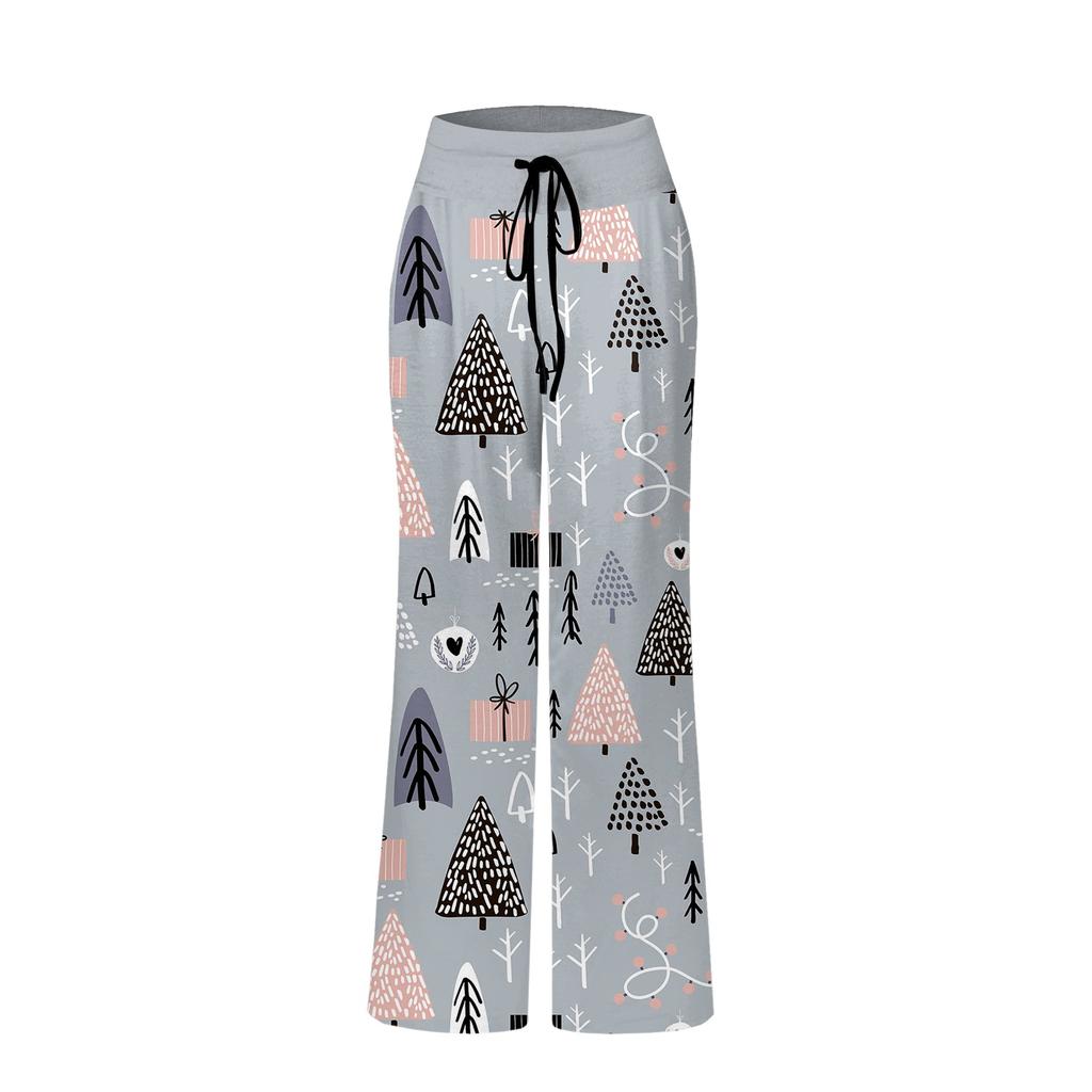 Women's Comfortable Pajama Pants Christmas Print Drawstring Wide Leg Pants