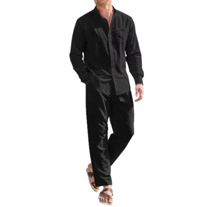 Мужской костюм, повседневный льняной комплект из двух предметов, рубашка с длинными рукавами и длинные брюки, мужской пляжный спортивный костюм