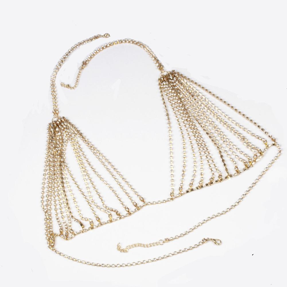 Women Fashion Rhinestone Shining Alloy Bra Chest Chain Sexy Body Chain Gold