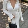 White High Waist Knitwear Dress Fashion Women Rib Lapel Autumn 2023 Slim Elegant Long Dress Casual Knit Solid Party Dress