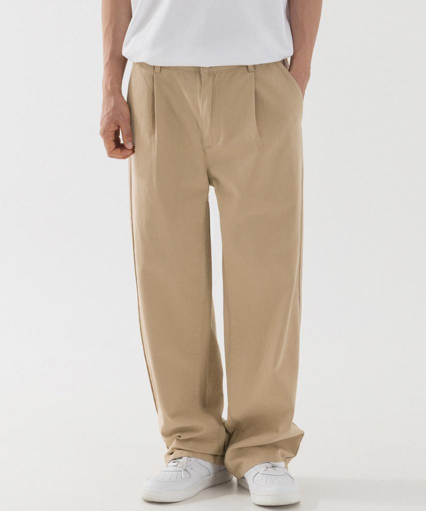 PIANER Semi-Wide Single-Pleat Cotton Pants (Beige)