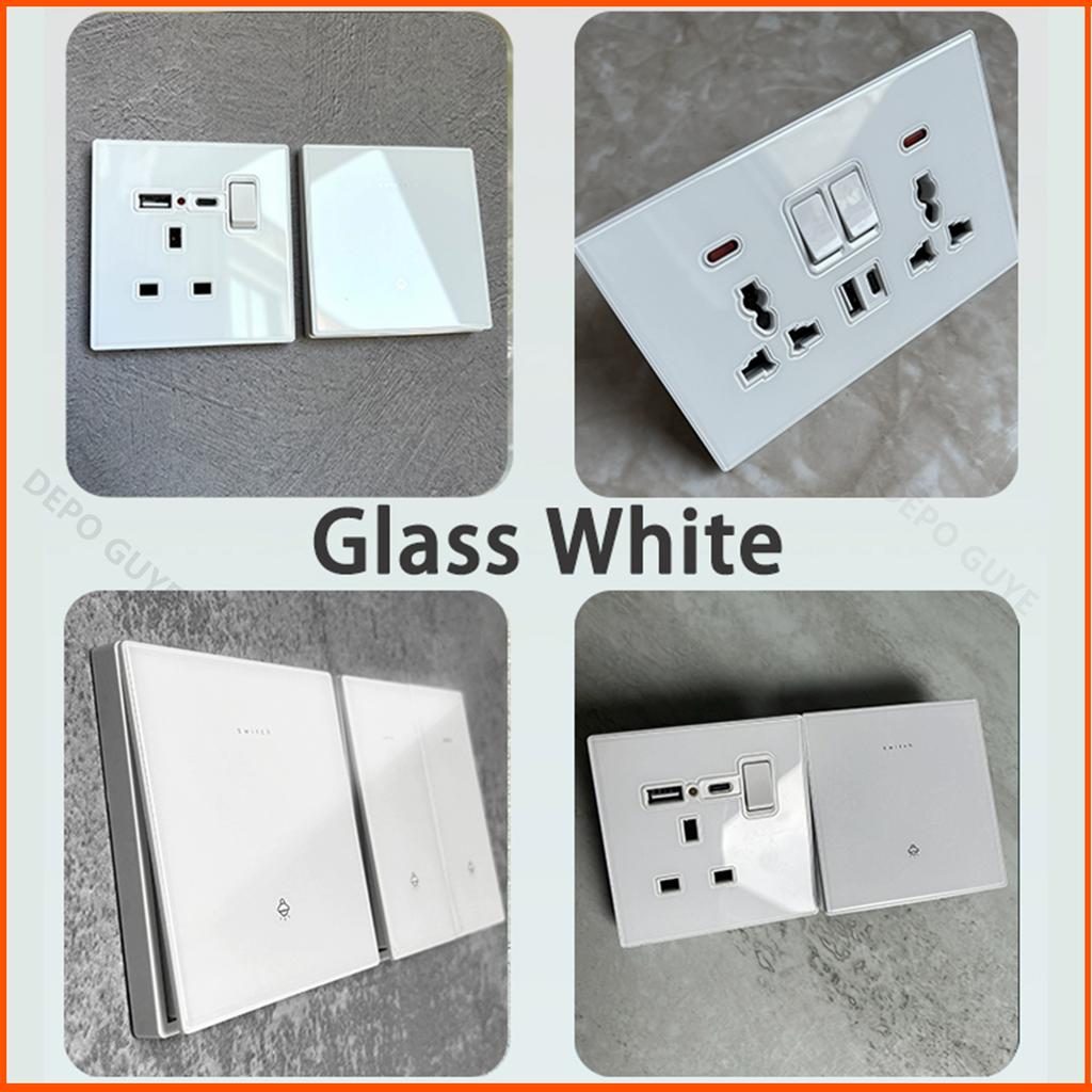 Universal Tempered Glass 20W Quick Charge USB Type-c Wall Dual 3pin Socket panel,UK 13A Wall 220V 2Way Light Switch Power Outlet